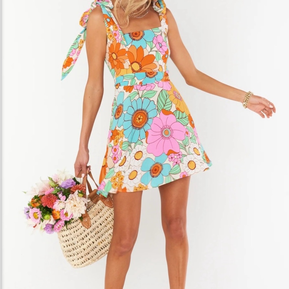 Show Me Your MuMu Tie-Shoulder Floral Mini Dress in Turquoise, Pink & Orange